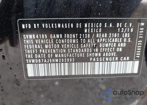 2017 Volkswagen Jetta 1.4T Se z USA, uszkodzony, nr VIN 3VWDB7AJ5HM293993